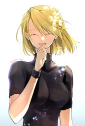 Rule 34 | 1girl, black shirt, blonde hair, bob cut, breasts, closed eyes, earrings, fullmetal alchemist, hair between eyes, hand to own mouth, jewelry, laughing, medium breasts, open mouth, riza hawkeye, shirt, short hair, short sleeves, smile, solo, takafuji yuna, turtleneck, twitter username, upper body, white background, wristband