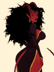 Rule 34 | 1girl, ass, black dress, black hair, black lips, black thighhighs, breasts, cleavage, colored sclera, colored skin, curly hair, demon, demon girl, demon horns, demon tail, diamond earrings, dress, drop earrings, earrings, gradient background, highres, horns, jewelry, large breasts, long horns, looking to the side, milkcubusss, orange eyes, original, parted lips, pointy ears, red horns, red skin, red tail, side slit, sly (milkubus), solo, tail, thighhighs, upper body, yellow sclera
