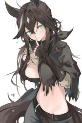 Rule 34 | 1girl, ahoge, animal ears, arknights, belt, black bra, black gloves, blue eyes, blush, bra, bracer, breasts, brown belt, brown hair, brown shirt, cloak, closed mouth, clothes lift, commentary, cowboy shot, female focus, finger to mouth, fingerless gloves, gloves, grey pants, hair between eyes, heart, highres, horse ears, horse girl, horse tail, lifted by self, long hair, looking at viewer, medium breasts, meteor (arknights), mikozin, mole, mole under eye, multicolored hair, navel, pants, shirt, shirt lift, shushing, sidelocks, silver hair, simple background, smile, solo, stomach, streaked hair, tail, two-tone hair, underwear, white background