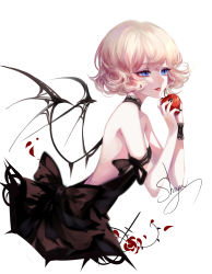 Rule 34 | 1girl, absurdres, apple, arm ribbon, backless dress, backless outfit, bare arms, bare shoulders, black choker, black dress, black nails, black ribbon, blonde hair, blue eyes, choker, cowboy shot, demon wings, dress, eyelashes, food, fruit, hands up, highres, holding, holding food, holding fruit, lipstick, makeup, nail polish, original, red lips, ribbon, sheya, short dress, short hair, simple background, solo, white background, wings, wrist cuffs