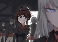 Rule 34 | 10s, 5girls, akaboshi koume, black hat, black jacket, blue eyes, blurry, blurry background, blurry foreground, blush, brown hair, closed mouth, commentary, dress shirt, emblem, extra, garrison cap, girls und panzer, hat, itsumi erika, jacket, kuromorimine military uniform, light frown, long hair, long sleeves, looking at another, military, military hat, military uniform, miniskirt, multiple girls, pleated skirt, ponytail, red shirt, red skirt, shirt, short hair, silver hair, skirt, standing, toku (yhpv8752), uniform, wavy hair