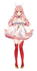 Rule 34 | 1girl, :o, atelier live, braid, brown footwear, commentary, crown braid, detached sleeves, dress, english commentary, full body, hair between eyes, hair ribbon, high heels, highres, indie virtual youtuber, juliet sleeves, long hair, long sleeves, parted lips, pigeon-toed, pink hair, pinku (vtuber), puffy sleeves, red eyes, red thighhighs, ribbon, rosuuri, shoes, simple background, sleeveless, sleeveless dress, sleeves past wrists, solo, standing, thighhighs, very long hair, virtual youtuber, white background, white dress, white ribbon, white sleeves, wide sleeves