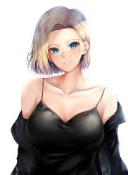 Rule 34 | 1girl, absurdres, android 18, bare shoulders, black jacket, blonde hair, blue eyes, blush, breasts, camisole, collarbone, commentary, dragon ball, dragonball z, earrings, head tilt, highres, jacket, jewelry, khanka shui, large breasts, long sleeves, looking at viewer, off shoulder, open clothes, open jacket, parted lips, pink lips, short hair, simple background, smile, solo, teeth, upper body, white background