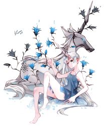 Rule 34 | 10s, 1girl, 2015, arm support, artist name, dated, elf, flower, kuma (bloodycolor), long hair, pointy ears, rwby, grey eyes, silver hair, solo, thighs, unicorn, weiss schnee, white background