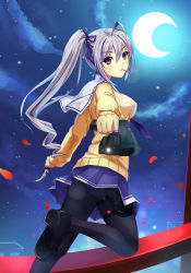 Rule 34 | 1girl, black pantyhose, blue skirt, candy, character request, dance of eternity, food, gun, hair ribbon, highres, holding, holding gun, holding knife, holding weapon, knife, lollipop, long hair, looking at viewer, moon, night, original, outdoors, pantyhose, pleated skirt, purple eyes, ribbon, side ponytail, silver hair, skirt, sky, solo, star (sky), starry sky, weapon