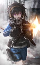 Rule 34 | 1girl, ammunition pouch, black hair, blood, blue jacket, blue shorts, brown gloves, building, bulletproof vest, cartridge case, commentary request, cowboy shot, crazy smile, day, double vertical stripe, ear protection, firing, gloves, gun, hair between eyes, highres, holding, holding gun, holding weapon, holstered, jacket, light machine gun, long sleeves, open mouth, original, outdoors, pouch, purple eyes, sanpaku, shaded face, shorts, smile, smoke, smoke grenade, solo, teeth, thigh pouch, tom-neko (zamudo akiyuki), track jacket, v-shaped eyebrows, weapon