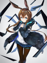 Rule 34 | 1girl, absurdres, amiya (arknights), animal ears, arknights, ascot, black jacket, blue ascot, blue eyes, blue skirt, brown hair, chinese commentary, commentary request, dual blow, feet out of frame, female focus, hair between eyes, highres, hood, hood down, jacket, jewelry, long hair, looking at viewer, multiple rings, open clothes, open jacket, originium arts (arknights), pantyhose, plaid, plaid skirt, pleated skirt, ponytail, rabbit ears, ring, shirt, sidelocks, skirt, solo, standing, thigh strap, v-shaped eyebrows, very long hair, white shirt