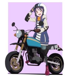 :d brown_eyes cosplay elbow_pads gloves helmet highres honda_ape hood hoodie kayabakoro knee_pads motor_vehicle motorcycle motorcycle_helmet open_mouth precure purple_hair scooter simple_background smile suzumura_sango toki_ayano toki_ayano_(cosplay) tropical-rouge!_precure yurucamp