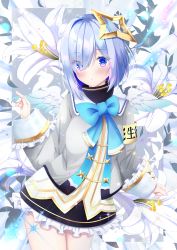 Rule 34 | 1girl, absurdres, amane kanata, angel wings, bad id, bad pixiv id, blue ribbon, blush, bob cut, colored inner hair, commentary request, eyes visible through hair, flower, hair ornament, halo, highres, hololive, long sleeves, looking at viewer, multicolored hair, purple eyes, ribbon, school uniform, short hair, silver hair, single hair intake, solo, sparkle, star halo, virtual youtuber, wings