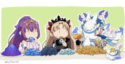 Rule 34 | 1boy, 2girls, anger vein, animal on face, armor, asaya minoru, blonde hair, blue hair, cu chulainn (fate), cu chulainn (fate) (all), cu chulainn (fate/prototype), earrings, eating, ereshkigal (fate), ereshkigal (third ascension) (fate), fate/grand order, fate (series), fou (fate), gameplay mechanics, gem, green background, hair between eyes, holy grail (fate), jewelry, long hair, magatama, multiple girls, parted bangs, pauldrons, plate, ponytail, purple hair, scathach (fate), scathach skadi (fate), scathach skadi (third ascension) (fate), shaking, shoulder armor, spoon, stake, tiara, twintails, two side up, very long hair, white background, | |