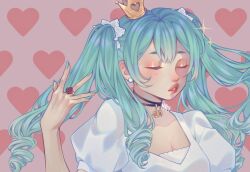 Rule 34 | 1girl, absurdres, aqua hair, aqua nails, black choker, breasts, choker, cleavage, closed eyes, commentary, crown, derivative work, drill hair, earrings, green hair, hatsune miku, heart, heart background, highres, jewelry, maty (sesamii.seed), medium breasts, mini crown, parted lips, portrait, puffy short sleeves, puffy sleeves, quad drills, ring, screenshot redraw, short sleeves, signature, solo, twintails, vocaloid, world is mine (vocaloid)