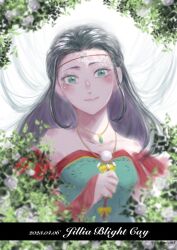 Rule 34 | 1girl, bare shoulders, black hair, circlet, closed mouth, dated, dress, flower, gensou suikoden, gensou suikoden ii, green eyes, jewelry, jillia blight, long hair, looking at viewer, morishio, necklace, ringed eyes, smile, solo
