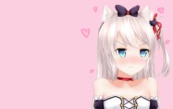 Rule 34 | 1girl, animal ears, azur lane, bare shoulders, black bow, black dress, blue eyes, blush, bow, cat ears, cat hair ornament, choker, collarbone, commentary, dress, hair bow, hair ornament, hair ribbon, hammann (azur lane), heart, highres, long hair, looking away, looking to the side, nose blush, off-shoulder dress, off shoulder, one side up, pink background, red choker, red ribbon, remodel (azur lane), ribbon, silver hair, simple background, solo, very long hair, yuujoduelist