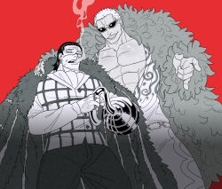 Rule 34 | 2boys, bara, bare pectorals, black hair, cigar, crocodile (one piece), donquixote doflamingo, feet out of frame, greyscale with colored background, hair slicked back, hook hand, large pectorals, looking at viewer, male focus, mature male, mg cls, multiple boys, muscular, muscular male, one piece, pants, pectorals, red background, scar, scar on face, scar on nose, short hair, smirk, smoking, stitches, sunglasses