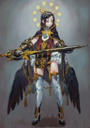 Rule 34 | 1girl, black hair, black wings, boots, cape, crown, eyebrows, full body, gloves, high heels, highres, holding, holding sword, holding weapon, jonpei, red eyes, short hair, solo, sword, tassel, thigh boots, thighhighs, weapon, wings