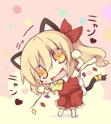 Rule 34 | 1girl, animal ears, ascot, barefoot, benauxi, blonde hair, blush stickers, bow, cat ears, cat girl, cat tail, chibi, fang, female focus, flandre scarlet, gem, hair bow, hazuki ruu, heart, kemonomimi mode, long hair, lowres, no headwear, no headwear, open mouth, ponytail, shadow, solo, tail, embodiment of scarlet devil, touhou, translation request, wings, yellow eyes