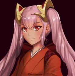 Rule 34 | 1girl, adricarra, artist name, closed mouth, dark skin, dark-skinned female, fire emblem, fire emblem heroes, hair ornament, japanese clothes, kimono, laevateinn (fire emblem), long hair, nintendo, pink hair, red eyes, simple background, smile, solo, twintails