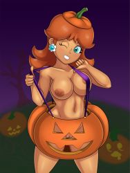 Rule 34 | 1girl, areola slip, bare arms, bare shoulders, blue eyes, breasts, brown hair, cleft of venus, costume, cowboy shot, curvy, earrings, eyelashes, facing viewer, flower earrings, functionally nude, groin, highres, jack-o&#039;-lantern, jewelry, lips, long hair, looking at viewer, mario (series), medium breasts, navel, nintendo, nipples, nude, one eye closed, outdoors, princess daisy, puffy nipples, pumpkin, pussy, shadow, shiny skin, sleepiitreat, smile, solo, standing, stomach, super mario land, suspenders, teeth, thick thighs, thighs, tree, uncensored, wide hips, wink