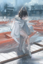 Rule 34 | 1girl, absurdres, black hair, blurry, blurry background, boat, bodysuit, boots, breasts, building, closed mouth, coat, commentary, covered navel, english commentary, english text, full body, highres, long sleeves, looking at viewer, original, outdoors, short hair, small breasts, solo, watercraft, white bodysuit, white coat, white footwear, zygocactus