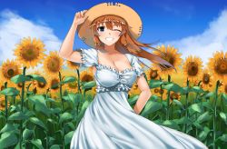 Rule 34 | 1girl, alternate costume, arm behind back, arm up, blue eyes, blue sky, breasts, brown hair, charlotte e. yeager, cleavage, cloud, collarbone, commentary request, day, dress, eyebrows hidden by hair, field, flower, flower field, grin, hair blowing, hand on headwear, hat, highres, hiroshi (hunter-of-kct), large breasts, long hair, looking at viewer, one eye closed, outdoors, raglan sleeves, sky, smile, solo, straw hat, strike witches, sundress, sunflower, sunflower field, teeth, very long hair, white dress, wind, wind lift, world witches series