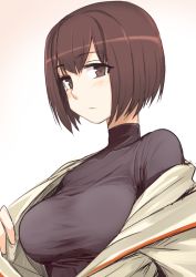 Rule 34 | 10s, 1girl, blush, breasts, brown eyes, brown hair, gradient background, hyuuga (kancolle), kantai collection, kumadano, large breasts, looking at viewer, off shoulder, shirt, short hair, simple background, solo, taut clothes, taut shirt, turtleneck, upper body