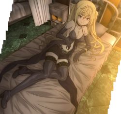 Rule 34 | 10s, 1girl, babydoll, bed, black thighhighs, blonde hair, boots, breasts, cleavage, highres, jpeg artifacts, lieselotte sherlock, naughty face, purple eyes, screencap, shorts, solo, thigh boots, thighhighs, trinity seven, twintails, zettai ryouiki