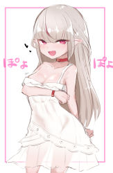 Rule 34 | 1girl, :d, absurdres, belt collar, blush, breasts, cleavage, collar, dress, grey hair, hair down, heart, highres, long hair, looking at viewer, makaino ririmu, makaino ririmu (3rd costume), multicolored hair, nijisanji, open mouth, see-through, small breasts, smile, solo, spaghetti strap, streaked hair, utsusumi kio, virtual youtuber, white background, white dress