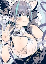 Rule 34 | 1girl, azur lane, bare shoulders, blue background, blue eyes, blue hair, blush, breasts, cheshire (azur lane), cleavage, eyes visible through hair, highres, large breasts, looking at viewer, nail polish, purple hair, simple background, solo, upper body, wrist cuffs, yu yu