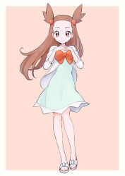 Rule 34 | 00s, 1girl, brown eyes, brown hair, creatures (company), dress, framed, full body, game freak, gym leader, hair ornament, jasmine (pokemon), kurochiroko, long hair, looking at viewer, nintendo, outside border, pokemon, pokemon hgss, sandals, simple background, smile, solo, twintails, two side up
