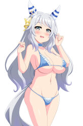 Rule 34 | 1girl, absurdres, alternate costume, alternate hair length, alternate hairstyle, animal ears, bikini, blue bikini, blue choker, breasts, brown eyes, choker, cleavage, commentary request, cowboy shot, denim, ear covers, ear ornament, frilled bikini, frills, grey hair, highres, hishi miracle (umamusume), horse ears, horse girl, horse tail, jeans, large breasts, long hair, looking at viewer, navel, open mouth, pants, simple background, solo, swimsuit, tail, umamusume, white background, wontam