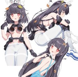 Rule 34 | 1girl, absurdres, animal ears, apron, binoculars, black gloves, black hair, blue apron, blue archive, breasts, commentary request, fake animal ears, gloves, highres, leaf, leaf on head, long hair, medium breasts, miyu (blue archive), multiple views, naked apron, navel, open mouth, pantyhose, rabbit ears, red eyes, ryoma (rym 369), shirtless (female), simple background, white background, white pantyhose