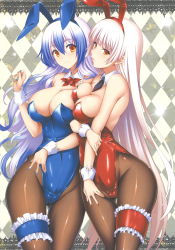 Rule 34 | 2girls, alternate costume, animal ears, argyle, argyle background, argyle clothes, arm under breasts, bare arms, bare shoulders, beige background, black neckwear, blue bunny ears, blue hair, blue hairband, blue leotard, blue nails, blunt bangs, blush, breast press, breasts, bridal garter, brooch, brown legwear, cameltoe, checkered background, cleavage, closed mouth, cowboy shot, detached collar, fake animal ears, female focus, fujiwara no mokou, grey background, groin, hair between eyes, hairband, hand up, highres, hijikawa arashi, jewelry, kamishirasawa keine, large breasts, leotard, long hair, looking at viewer, multicolored hair, multiple girls, nail polish, neck, necktie, orange eyes, pantyhose, parted lips, playboy bunny, rabbit ears, red bunny ears, red hairband, red leotard, red neckwear, scan, shiny clothes, shiny skin, silver hair, smile, standing, strapless, strapless leotard, streaked hair, thighs, touhou, very long hair, wing collar, wrist cuffs, yuri