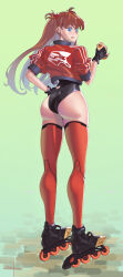 Rule 34 | 1girl, absurdres, ass, black leotard, blue eyes, brown hair, can, female focus, fingerless gloves, full body, gloves, green background, hair ornament, hand on own hip, highleg, highleg leotard, highres, holding, holding can, huge ass, interface headset, jacket, leotard, long hair, looking at viewer, looking back, naughty face, neon genesis evangelion, pixxel, roller skates, shiny clothes, shiny skin, simple background, skates, skindentation, smile, solo, souryuu asuka langley, standing, thick thighs, thighhighs, thighs, tongue, tongue out, twintails, two side up, very long hair, wedgie, wide hips