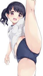 Rule 34 | 1girl, :d, absurdres, arm up, black hair, blue buruma, blush, breasts, brown eyes, buruma, commentary request, fangs, fukumaru koito, gym shirt, gym uniform, highres, idolmaster, idolmaster shiny colors, kneepits, kuroba aki, leg up, looking at viewer, midriff peek, name tag, navel, open mouth, shirt, short sleeves, simple background, small breasts, smile, solo, split, standing, standing on one leg, standing split, twintails, v-shaped eyebrows, white background, white shirt