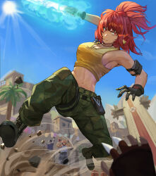 Rule 34 | 1girl, 2boys, absurdres, blue sky, boots, camouflage, cargo pants, clark still, combat boots, crop top, dark persona, desert, dog tags, earrings, gloves, highres, jewelry, leona heidern, multiple boys, orochi leona, palm tree, pants, ponytail, ralf jones, red eyes, red hair, sky, soldier, tank top, the king of fighters, the king of fighters xv, tree, triangle earrings, yellow tank top