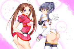 Rule 34 | 2017, 2girls, ahoge, artist request, ass, blue eyes, blue hair, blush, boots, breasts, brown hair, choujuushin gravion, dated, dress, faye xin lu, gloves, gusuku luna, gusuku runa, huge ass, large breasts, long hair, looking at viewer, multiple girls, open mouth, panties, shiny skin, short dress, short hair with long locks, sideboob, smile, thigh boots, thighhighs, twintails, underwear, very long hair, yellow eyes
