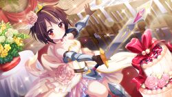 Rule 34 | 1girl, arm guards, armor, bandou mikuru, belt, blonde hair, blueberry, breasts, brick floor, brick wall, bride, brown belt, brown gloves, brown hair, cake, choker, cleavage, closed mouth, collarbone, dot nose, dress, dutch angle, fighting stance, film grain, flower, food, fork, fruit, game cg, gem, gloves, greaves, grey headwear, hair flower, hair ornament, holding, holding sword, holding weapon, izumi tsubasu, knife, lens flare, looking at viewer, medieval, multicolored hair, non-web source, official art, outstretched arm, pink flower, pink rose, plant, plate, re:stage!, red eyes, red gemstone, rose, round table, serious, shin guards, short hair, small breasts, solo, sparkle, standing, standing on one leg, strapless, strapless dress, streaked hair, sword, table, tablecloth, two-tone hair, vambraces, vines, weapon, wedding, wedding dress, white choker, white dress, white flower, white rose, wooden chair, yellow flower