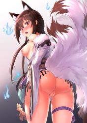 Rule 34 | 1girl, animal ear fluff, animal ears, anus, ass, back, blush, breasts, brown hair, fang, fox ears, fox tail, from behind, girls&#039; frontline, gmkj, gradient background, gradient eyes, hair between eyes, highres, legs apart, looking at viewer, looking back, multicolored eyes, multiple tails, nipples, nude, open mouth, pussy, pussy juice, sidelocks, small breasts, solo, tail, thigh strap, thighs, type 79 (girls&#039; frontline), uncensored, yellow eyes
