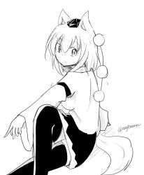 Rule 34 | 1girl, animal ears, black skirt, black thighhighs, breasts, greyscale, hat, inubashiri momiji, leg up, looking at viewer, medium breasts, monochrome, outstretched arm, outstretched leg, pom pom (clothes), skirt, tail, taurine 8000mg, thighhighs, tokin hat, touhou, twisted torso, twitter username, wide sleeves, wolf ears, wolf tail, zettai ryouiki