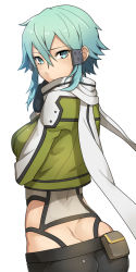 Rule 34 | 10s, 1girl, aqua hair, ass, blue eyes, butt crack, from behind, looking at viewer, looking back, pouch, sajittari, scarf, short hair, sinon, solo, sword art online, white background