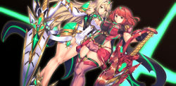 Rule 34 | 2girls, aegis sword (xenoblade), bare shoulders, blonde hair, breasts, chest jewel, cleavage, cleavage cutout, clothing cutout, covered navel, day, dress, dutch angle, earrings, fingerless gloves, gem, gloves, hair ornament, headpiece, highres, jewelry, large breasts, legs, long hair, looking at viewer, multiple girls, mythra (xenoblade), outdoors, pyra (xenoblade), red eyes, red footwear, red hair, red shorts, short dress, short hair, short shorts, shorts, skin tight, skindentation, swept bangs, sword, thigh strap, thighhighs, tiara, weapon, white dress, xenoblade chronicles (series), xenoblade chronicles 2, yellow eyes, yui sora