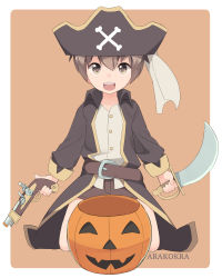 Rule 34 | 1boy, arakokra, bare legs, belt, brown eyes, child, commentary, english commentary, fantasy, gun, hat, highres, holding, holding weapon, jack-o&#039;-lantern, kneeling, looking at viewer, male focus, open mouth, original, pirate hat, simple background, solo, sword, teeth, weapon