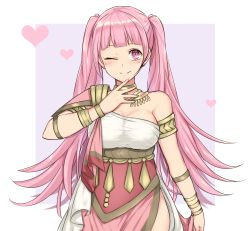 Rule 34 | 1girl, armlet, bare shoulders, breasts, cleavage, closed mouth, dancer, dancer (fire emblem: three houses), dress, fire emblem, fire emblem: three houses, haniwa (8241427), heart, highres, hilda valentine goneril, large breasts, long hair, looking at viewer, medium breasts, nintendo, one eye closed, pink eyes, pink hair, simple background, smile, solo, twintails, upper body