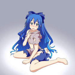 Rule 34 | 1girl, barefoot, black eyes, blue bow, blue hair, blue skirt, blush, bow, cato (monocatienus), commentary request, full body, gradient background, grey background, hair bow, hood, hoodie, long hair, looking at viewer, no panties, simple background, skirt, solo, tears, torn bow, torn clothes, torn hoodie, torn skirt, touhou, very long hair, wavy hair, yorigami shion