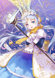 Rule 34 | 1girl, absurdres, adapted costume, blue eyes, blue hair, book, dress, earmuffs, floating hair, gloves, hair ornament, hairband, hands up, heterochromia, highres, holding, holding staff, ice laozei, juliet sleeves, long hair, long sleeves, looking at viewer, machinery, multicolored clothes, multicolored dress, open mouth, own hands together, parted bangs, patterned background, puffy sleeves, purple eyes, saumarez (warship girls r), scarf, smile, solo, staff, tiara, two side up, warship girls r, white gloves, yellow scarf