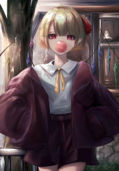 Rule 34 | 1girl, alternate costume, alternate hair length, alternate hairstyle, blonde hair, blowing bubbles, casual, chewing gum, collared shirt, commentary, contemporary, cowboy shot, crystal, ear piercing, flandre scarlet, hair ornament, hair ribbon, hairclip, hands in pockets, highres, jacket, long sleeves, looking at viewer, mizuhichi, neck ribbon, no headwear, open clothes, open jacket, piercing, pointy ears, railing, red eyes, red jacket, red ribbon, red shorts, ribbon, shirt, short hair, shorts, solo, touhou, tree, white shirt, wings, yellow ribbon