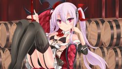Rule 34 | 1girl, alcohol, armchair, azur lane, bare shoulders, barrel, belt, belt buckle, bikini, bikini top only, black bikini, black dress, black panties, black thighhighs, blush, bow, bowtie, buckle, chair, closed mouth, collar, commentary request, detached collar, detached sleeves, dress, fang, fang out, front-tie bikini top, front-tie top, garter straps, hair between eyes, hair ornament, hair ribbon, hebitsukai-san, highres, long hair, long sleeves, looking at viewer, panties, pink hair, purple eyes, red bow, red bowtie, red ribbon, ribbon, sidelocks, slit pupils, smile, solo, swimsuit, thighhighs, twintails, underwear, vampire (azur lane), very long hair, white belt, white collar, wine, wing collar