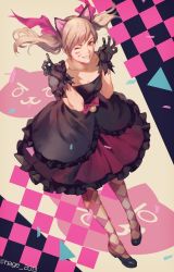 Rule 34 | 1girl, :3, animal ears, arms up, artist name, bell, black cat d.va, black dress, black footwear, black gloves, blonde hair, bow, breasts, cat ears, cat symbol, checkered clothes, checkered legwear, claw pose, d.va (overwatch), dress, facepaint, facial mark, full body, gloves, gothic lolita, grin, hage2013, highres, lolita fashion, long hair, looking at viewer, medium breasts, official alternate costume, one eye closed, overwatch, overwatch 1, pantyhose, pink bow, pink ribbon, pleated dress, ribbon, smile, solo, standing, swept bangs, twintails, twitter username, whisker markings