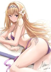 Rule 34 | 1girl, akita hika, ass, bad id, bad pixiv id, bare shoulders, bikini, blonde hair, blue eyes, blush, breasts, commentary request, dated, diadem, flower, granblue fantasy, hair flower, hair intakes, hair ornament, highres, hip focus, jeanne d&#039;arc (granblue fantasy), long hair, looking at viewer, looking back, lying, medium breasts, on side, polearm, purple bikini, side-tie bikini bottom, signature, simple background, smile, solo, swimsuit, thighs, weapon, white background