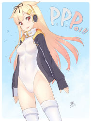 Rule 34 | 10s, 1girl, 2017, black ribbon, blonde hair, blush, breasts, commentary request, cosplay, covered navel, dan (kumadan), dated, emperor penguin (kemono friends), emperor penguin (kemono friends) (cosplay), group name, hair flaps, hair ornament, hair ribbon, hairclip, headphones, highleg, highres, hood, hoodie, impossible clothes, impossible leotard, kantai collection, kemono friends, leotard, long hair, looking at viewer, medium breasts, open clothes, open hoodie, poi, red eyes, ribbon, simple background, sleeves past wrists, solo, thighhighs, white leotard, white thighhighs, yuudachi (kancolle)